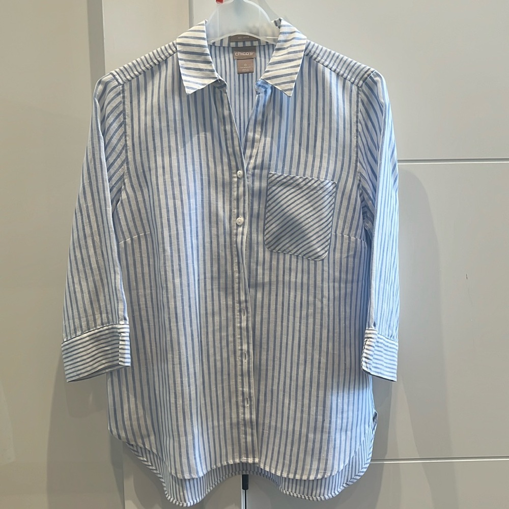 Chico’s Blue & White Striped Linen Blouse, 3/4 sleeves